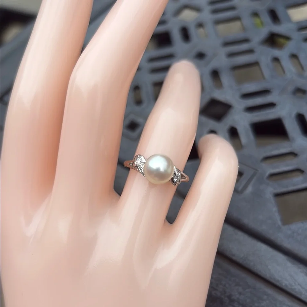 14kt White Gold Mikimoto Akoya Pearl Genuine Natural Diamond Ring Size 7 - Picture 3 of 16